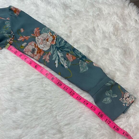 LOFT Floral Top Blouse Blue Green Long Sleeve Size XS Feminine Office Career - Picture 8 of 10